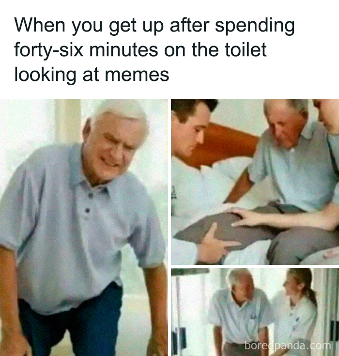 Elderly man struggles to stand after looking at funny memes on toilet for 46 minutes.