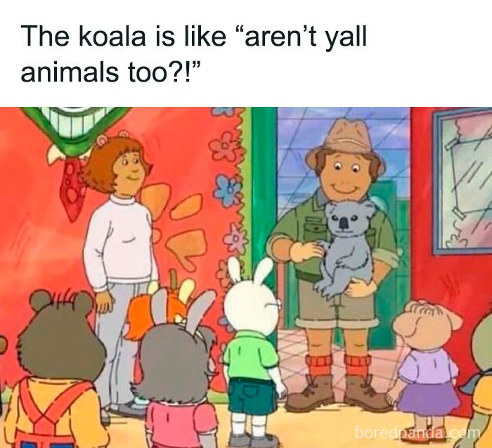 Characters from old cartoons react to a man holding a koala.