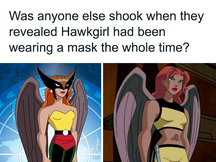 Hawkgirl from an old cartoon, shown with and without her mask, evoking nostalgia.