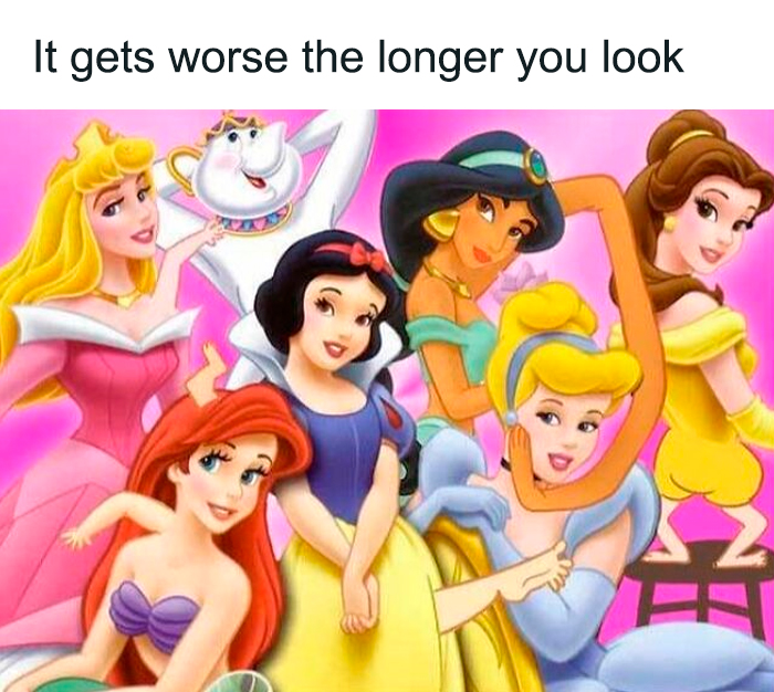 Old cartoons meme with distorted princess faces, pink background, humorous caption above.