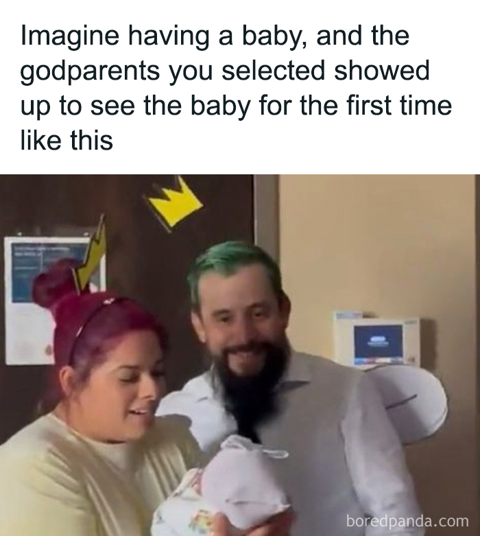 Couple dressed as cartoon characters holding a baby, evoking nostalgia.