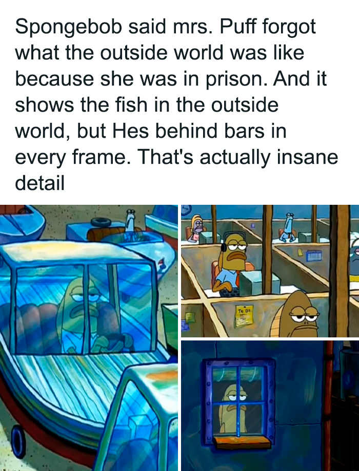 Old cartoons meme featuring a fish character humorously depicted behind bars in everyday situations.