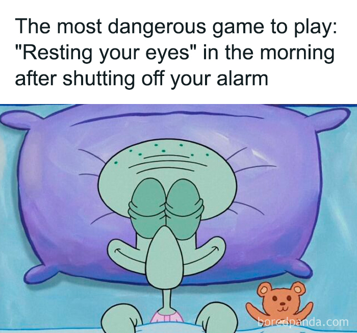 Character resting on purple pillow with caption about morning alarm; evokes nostalgia about old cartoons.