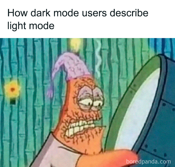 Character from old cartoons squinting at a bright light, humorously representing dark mode users' view of light mode.