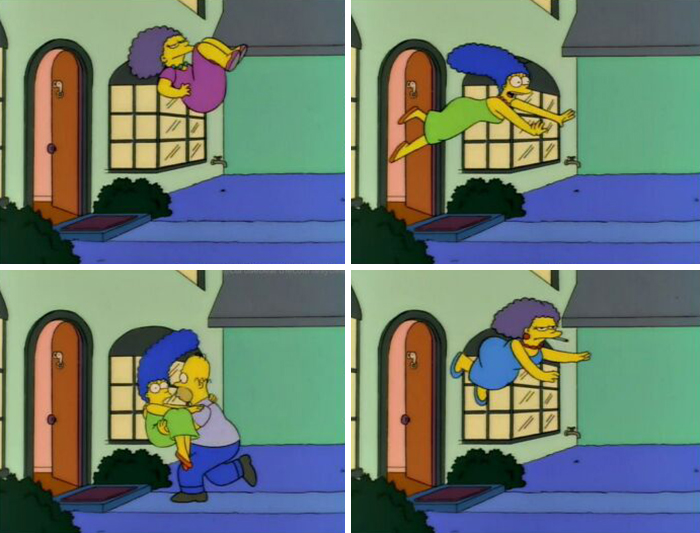 Characters from an old cartoon flying toward a house in a humorous sequence.