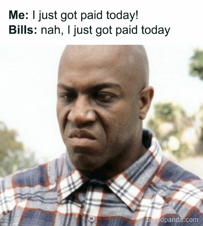 Man looking displeased in a humorous meme about getting paid, shared on a popular Facebook page.