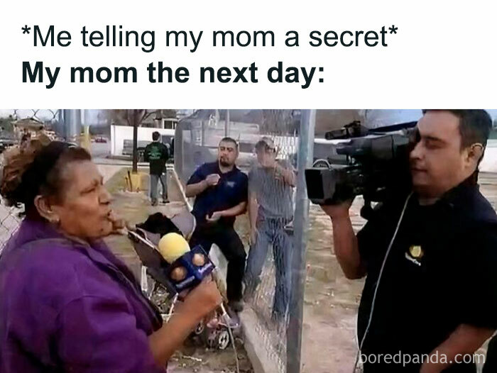 TV reporter interviewing a woman, humorously illustrating funny memes about secrets being shared.
