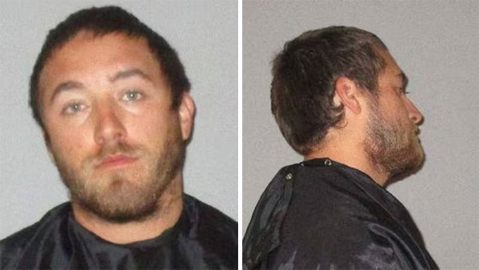 Male suspect in mugshot from a Florida Man headline, wearing a black robe, facing forward and in profile.