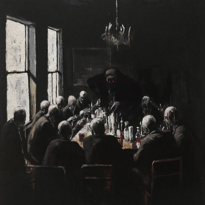 Eerie scenery painting depicting a sinister gathering in a dimly lit room, influenced by industrial decay and folklore.