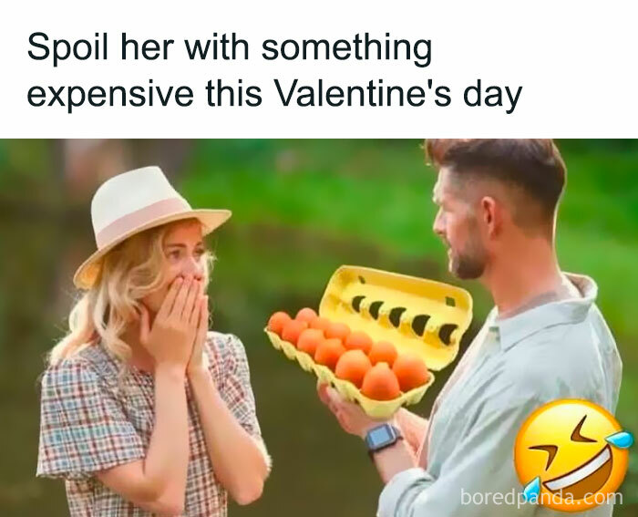 Man presenting carton of eggs to a surprised woman; humorous meme.