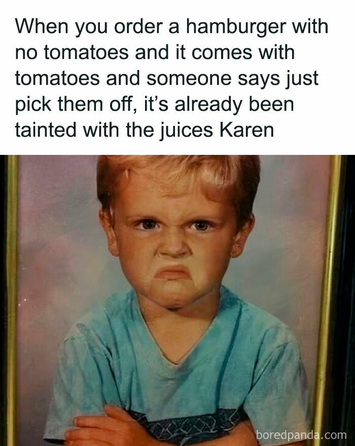 Angry child's expression in a meme about hamburger order with tomatoes.