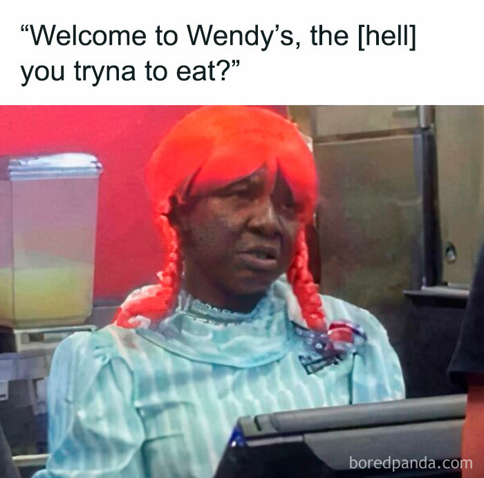Person at counter dressed as Wendy with humorous caption, part of funny memes collection.