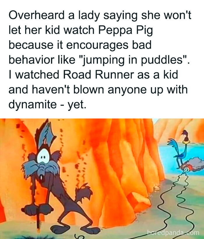 Old cartoons meme with Wile E. Coyote and Road Runner, humorously comparing Peppa Pig's influence on kids.