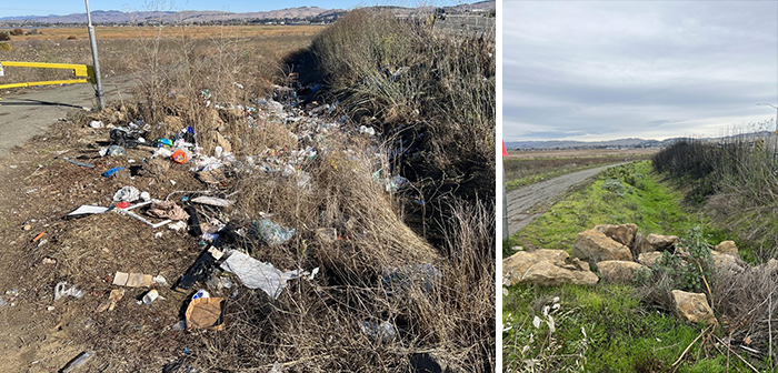 Before and after cleanup images of a roadside area, highlighting interesting transformation and environmental improvement.