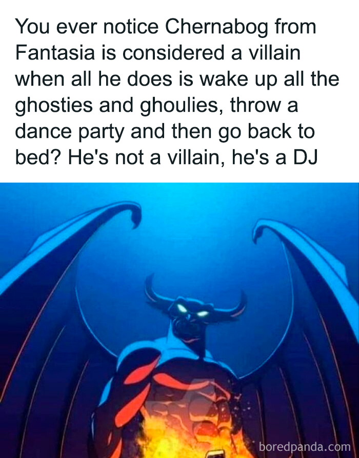 Chernabog from old cartoons depicted with fiery background, challenging his villainous role by hosting a spectral dance party.