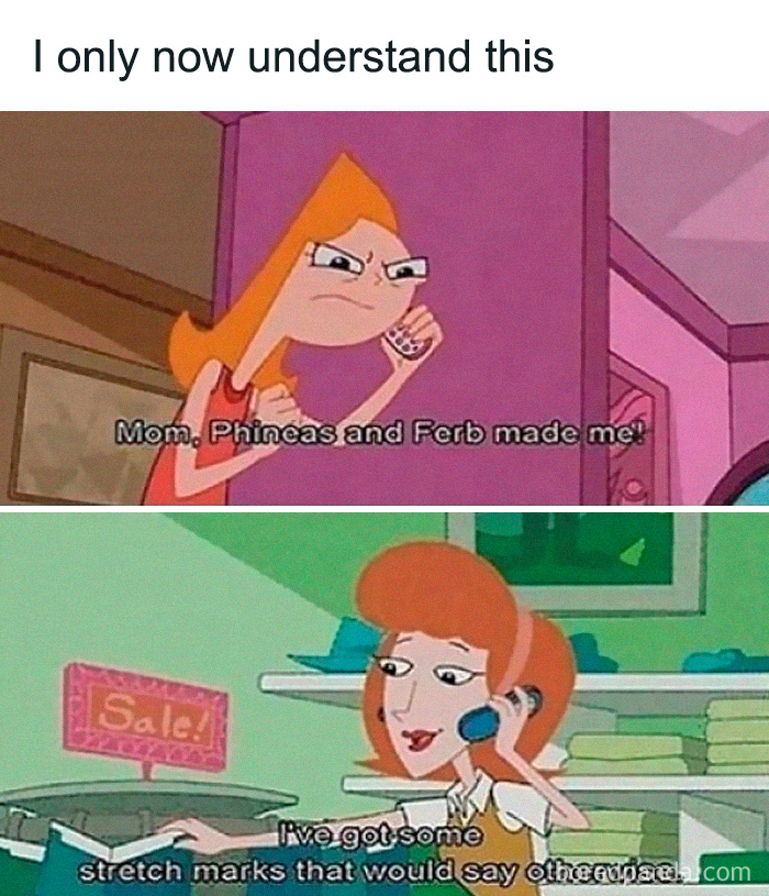 Two scenes from a cartoon showing a girl on the phone with her mom, referencing a nostalgic moment.