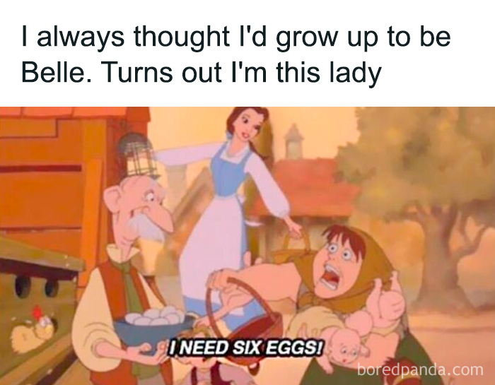 Cartoon meme shows Belle with villagers, one exclaiming "I need six eggs!".