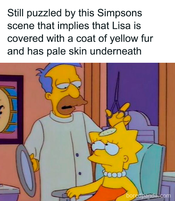 Old cartoon meme with Lisa Simpson having her head examined by a doctor, revealing a humorous twist about her skin color.