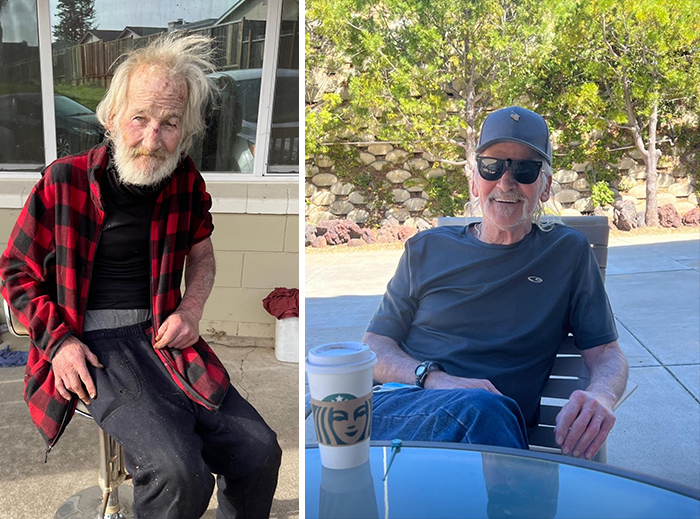 Two contrasting images of the same man before and after a transformation, highlighting fascinating change.