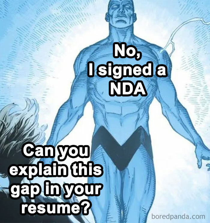 Comic-style character replying "No, I signed a NDA" highlighting internet humor.