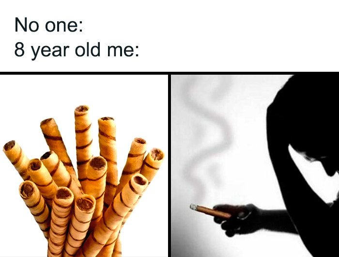 Child humorously pretending to smoke with wafer sticks, showcasing chaotic food meme creativity.