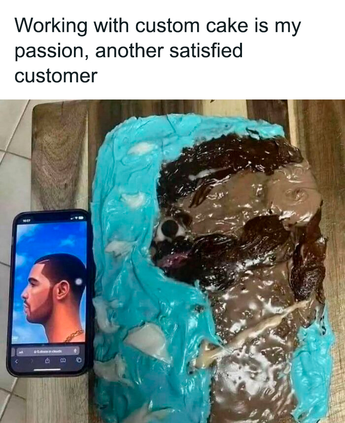 Custom cake attempt compared to phone image; pure food chaos with mismatched icing colors.