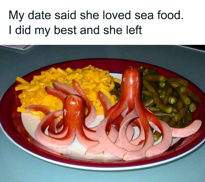 Plate with hot dog octopuses, macaroni, and green beans, representing chaotic food meme humor.