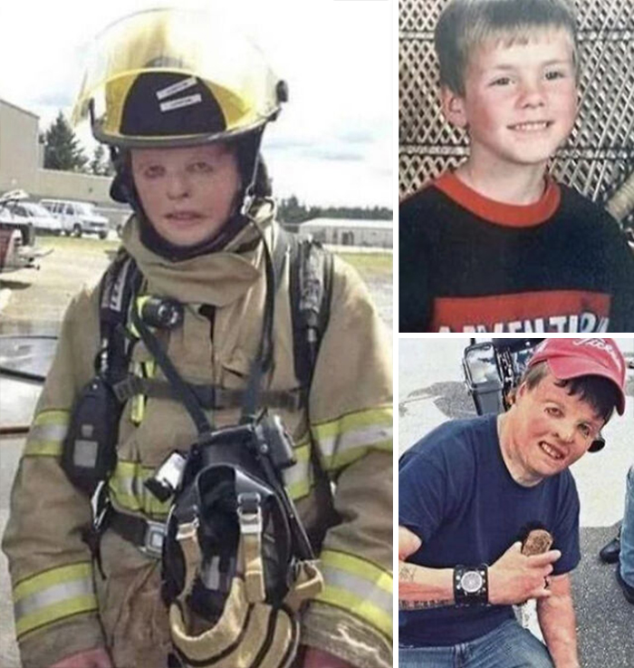 Firefighter in gear, childhood and casual photos. Fascinating facts and images theme.