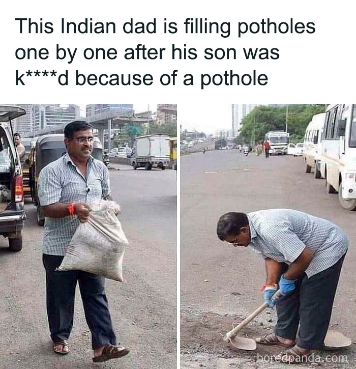 Man filling potholes after son's accident, illustrating fascinating facts.