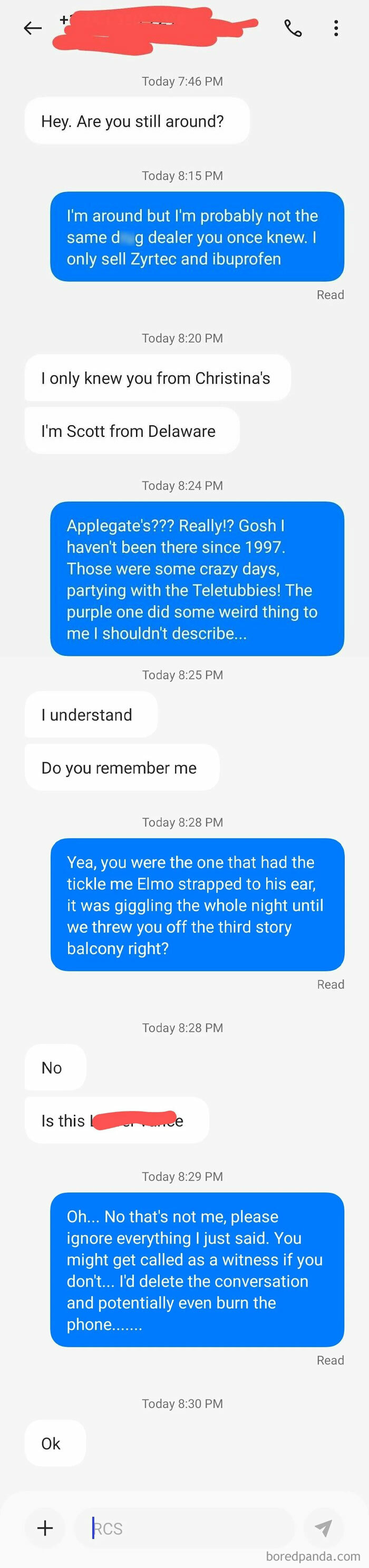 Funny wrong number text exchange involving mistaken identity and Tickle Me Elmo.