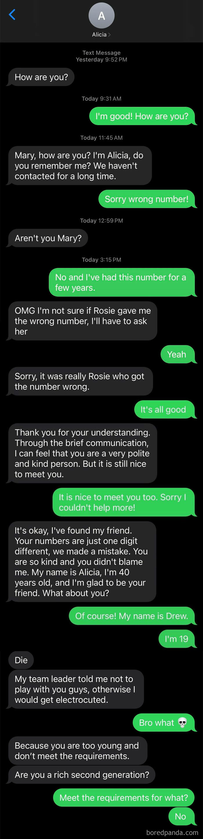 Humorous wrong number text exchange between two strangers.