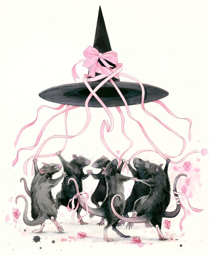 Dream-like painting of mice dancing with pink ribbons around a witch's hat, blending deep and playful themes.