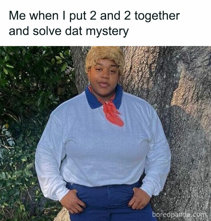 Person dressed in a humorous costume with a playful caption, making your day better with a meme.