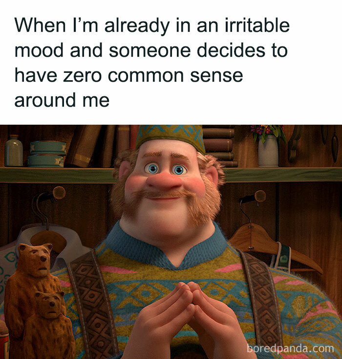 Animated character with a pondering expression, wearing a colorful sweater. Text describes frustration with lack of common sense.