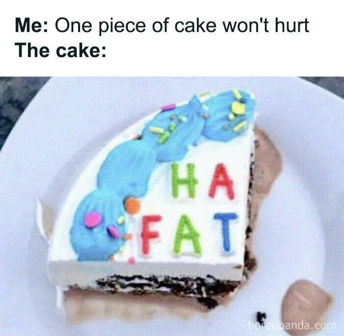Slice of cake on a plate with colorful icing letters spelling "HA FAT," humorously addressing sweet indulgence.