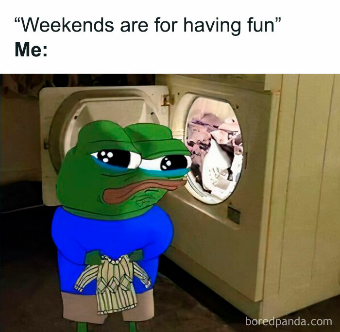 Pepe meme doing laundry instead of having fun, adding humor to your day.