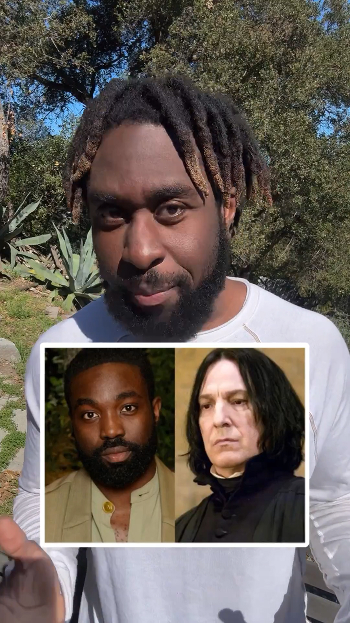 Man outdoors with photo inset showing two portrayals of Severus Snape, highlighting a controversial makeover in the series. Man outdoors with photo inset showing two portrayals of Severus Snape, highlighting a controversial makeover in the series.