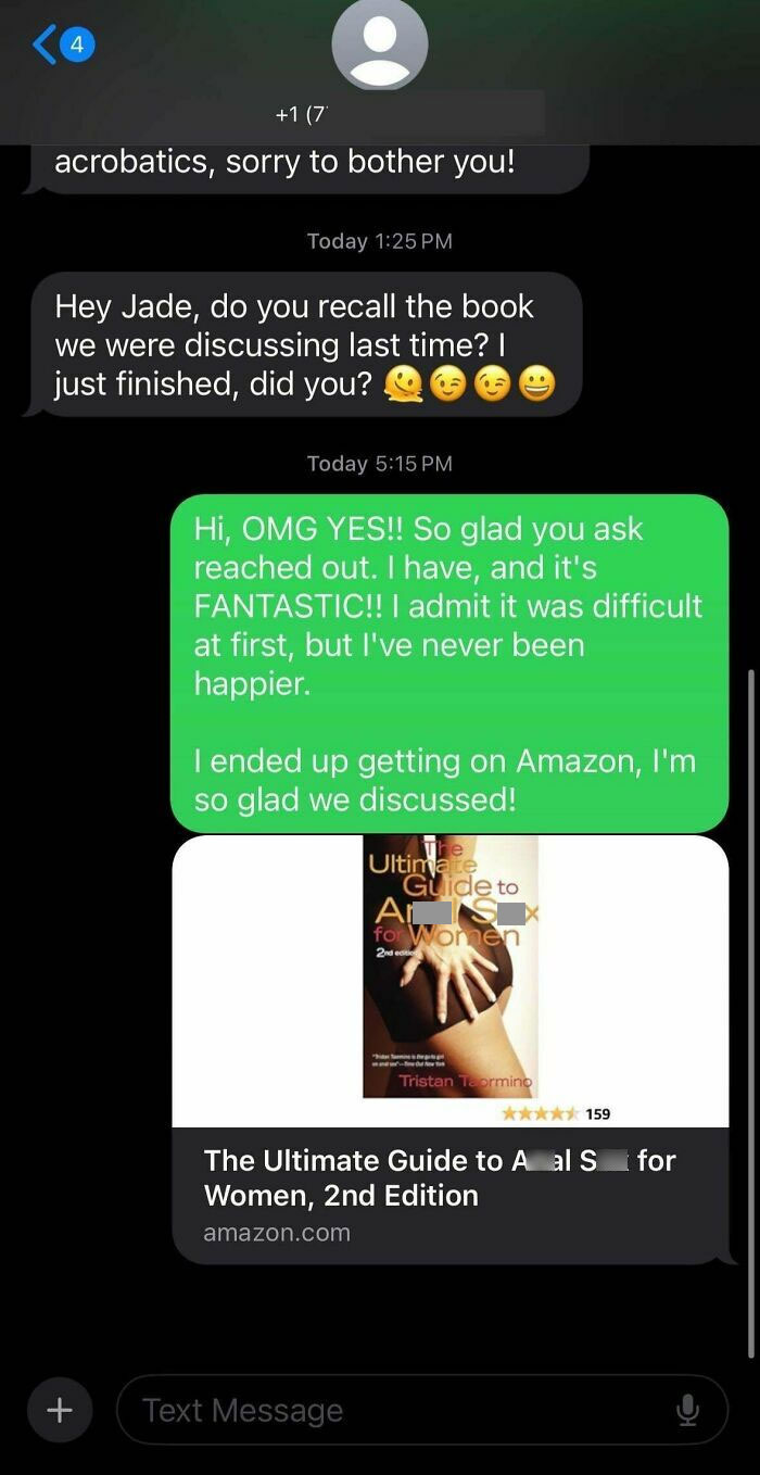 Wrong number text exchange discussing a book titled "The Ultimate Guide to..." with a humorous misunderstanding.