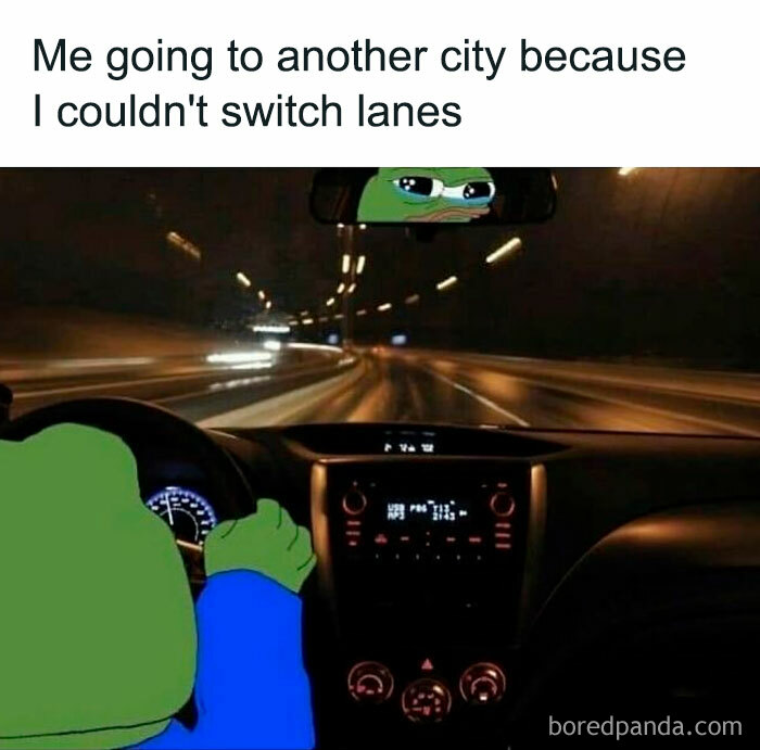 Pepe the Frog meme driving on a highway at night, reflecting humorous travel mishap.
