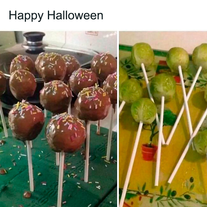 Chocolate cake pops with sprinkles next to Brussels sprout pops on sticks, embodying chaotic food humor.
