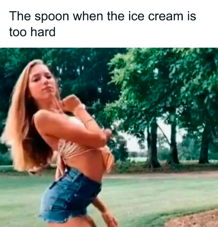 Woman humorous pose mimicking a spoon struggling with hard ice cream, embodying chaotic food meme energy.
