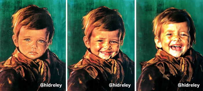 Three images showing Bragolin’s crying child transformed into a happy smiling child using AI with a green background.