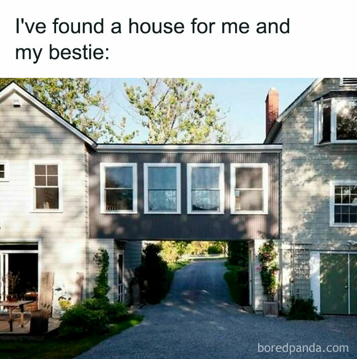 Unique house design with two connected buildings over a driveway, featuring creating better day vibes.