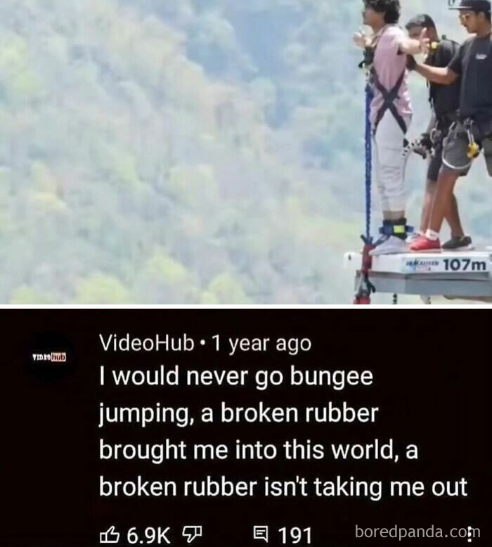 People preparing for bungee jumping with funny comment on broken rubber, highlighting epic comment moment.