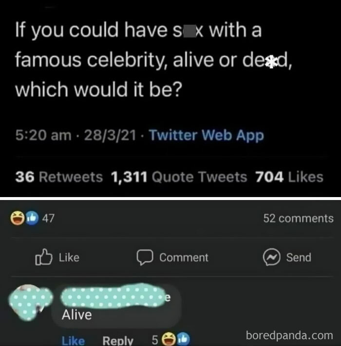 Comment humor: a tweet about a celebrity question gets a witty reply with "Alive" as the preferred choice.