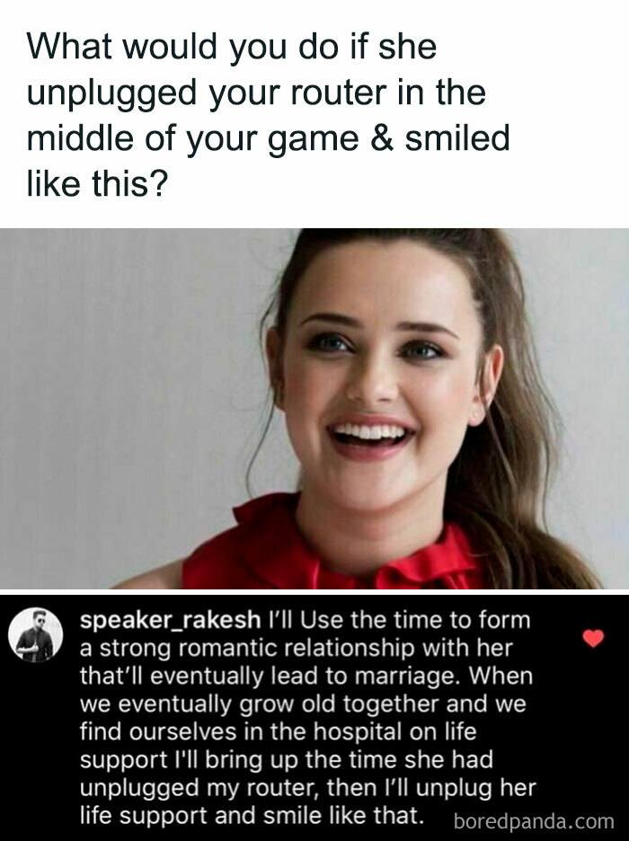 Young woman smiling above a humorous social media comment about unplugging a router.