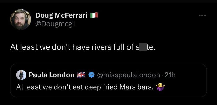Scottish humor post comparing rivers and deep-fried Mars bars in a Twitter exchange.