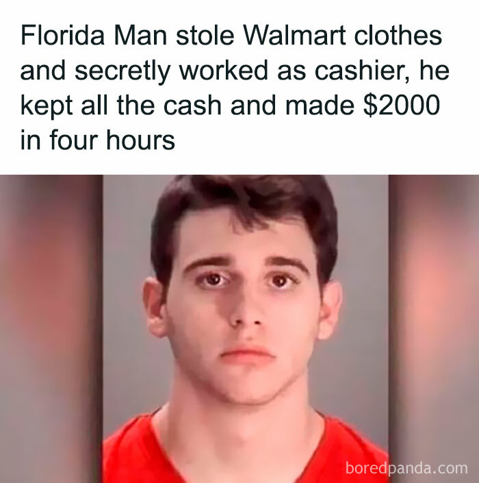 Young man in red shirt looking at the camera, involved in system cheating by impersonating a cashier.