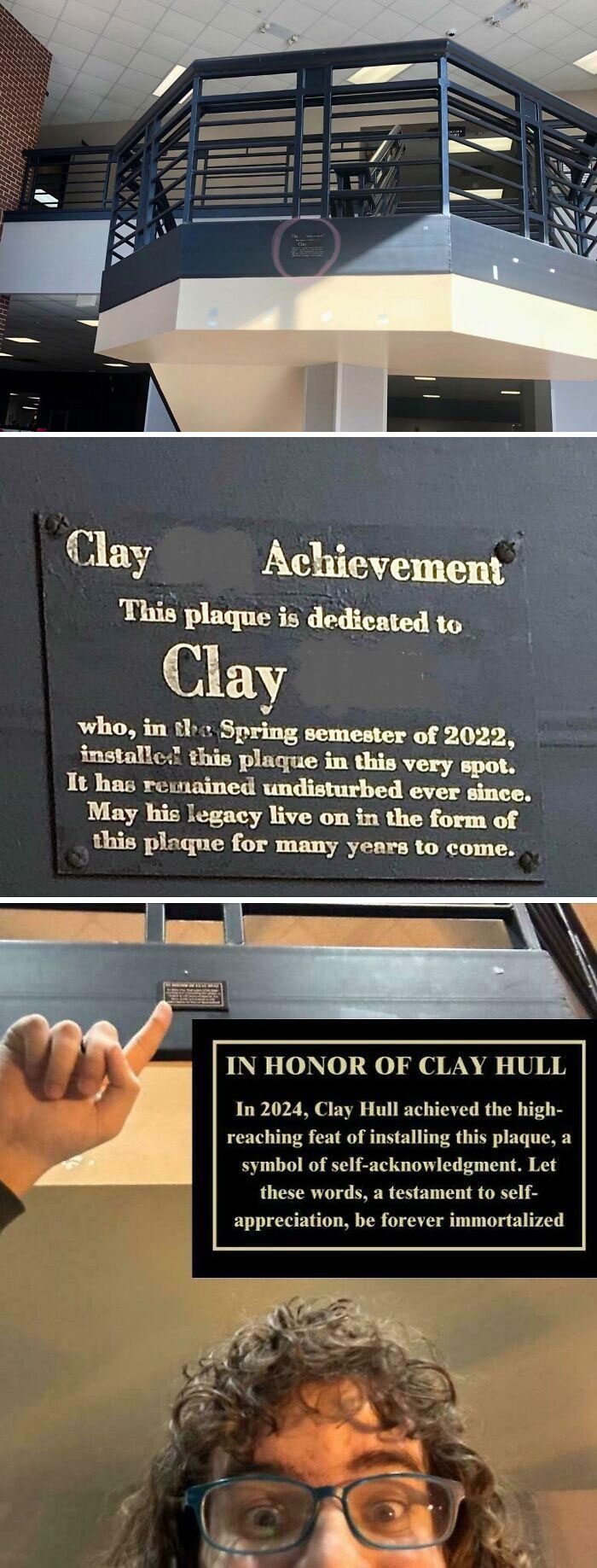 Person installing a self-made plaque as an act of belonging, showcasing a humorous system hack.