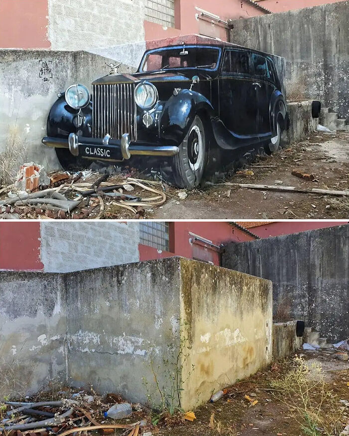 Mind-bending 3D street art depicting a classic car on a wall, showcasing impressive artistic illusion.